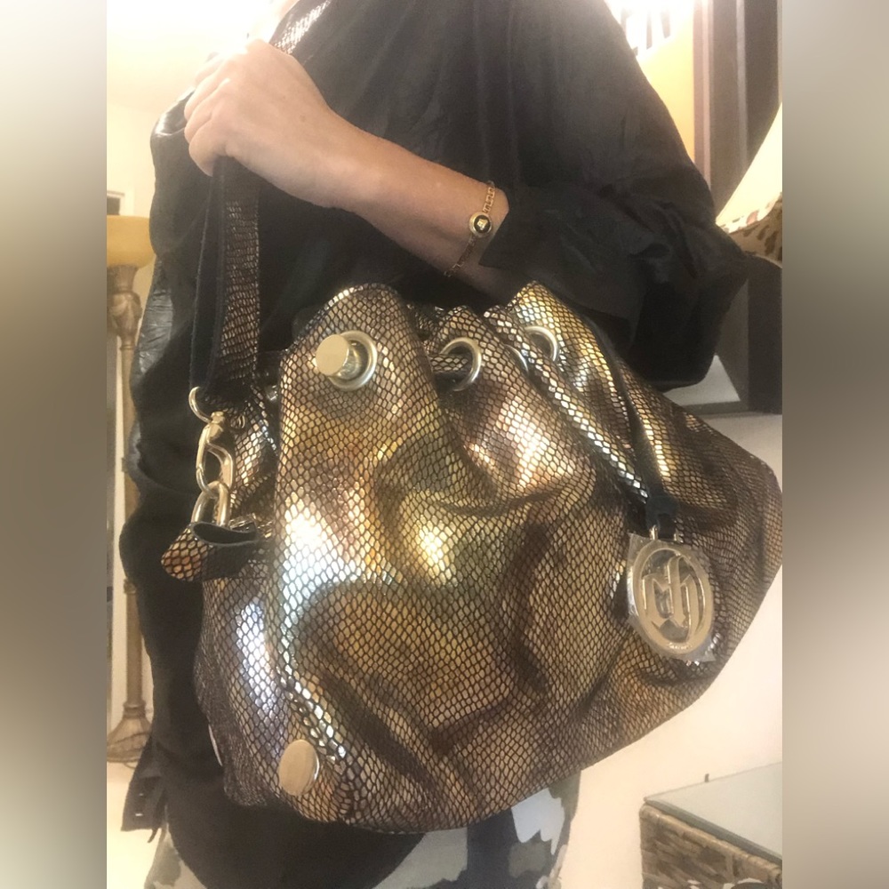 BRONZE Snakeskin Embossed Metallic Genuine Leather Satchel “Unique & Rare Bag!”